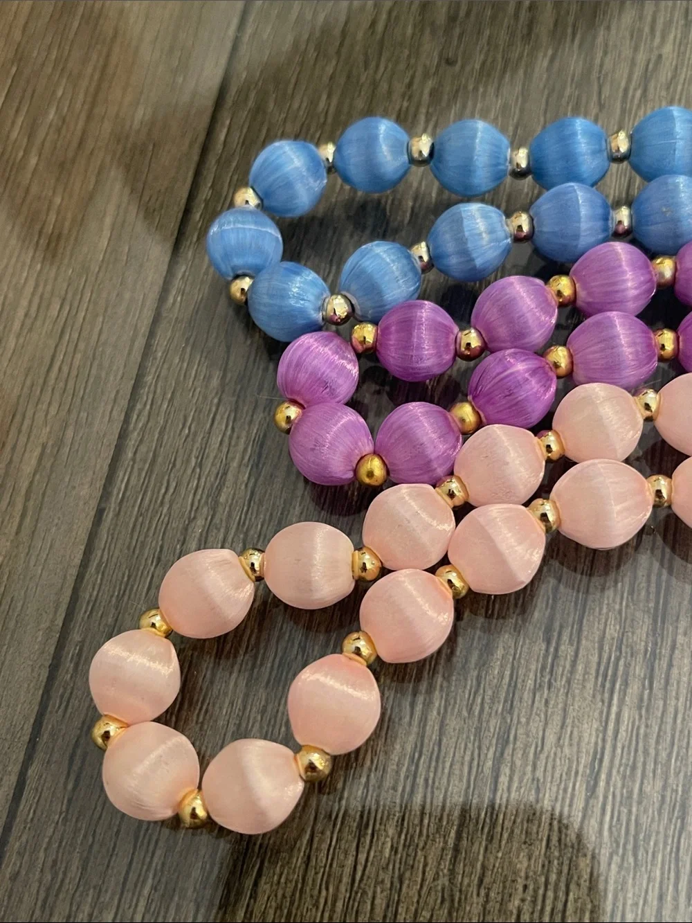 Vintage 3 Necklaces with Spun Silk Satin Beads Gold Tone Spacers 30 In. Approx